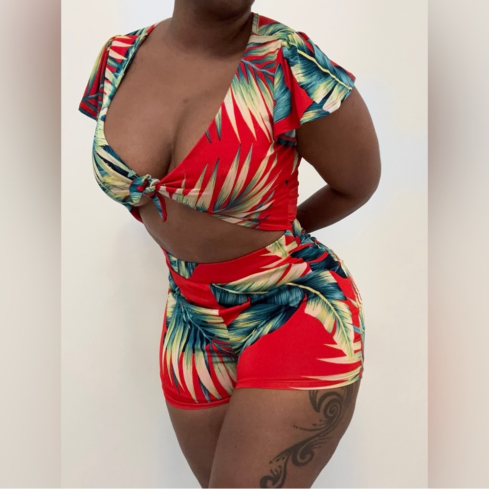 Vibrant Leaf Print Two-Piece Set